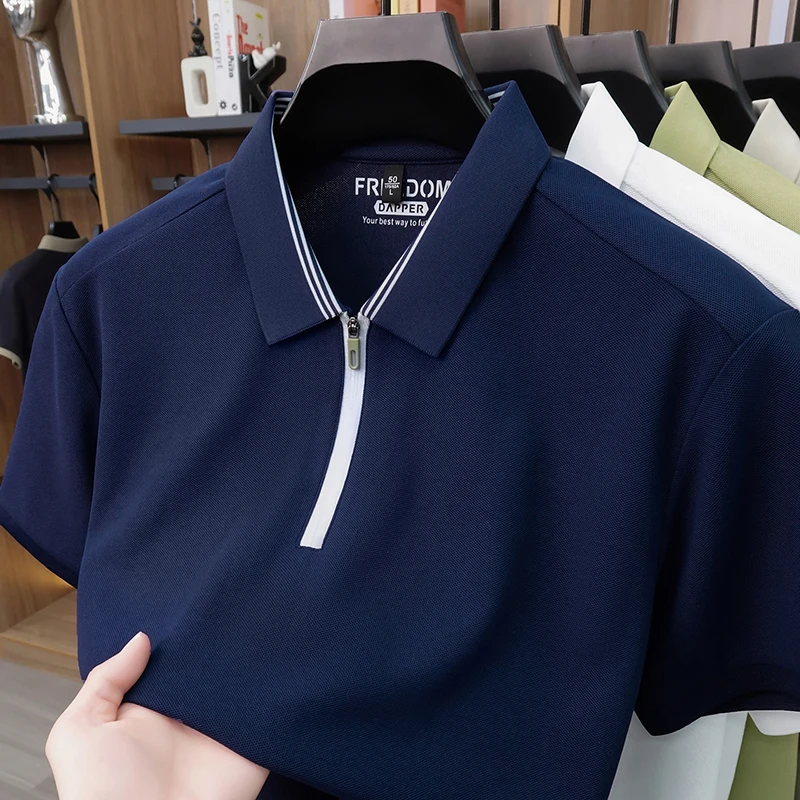 Quality fashion zipper lapel short sleeve T-shirt men's summer trend solid color comfortable breathable casual Korean polo shirt