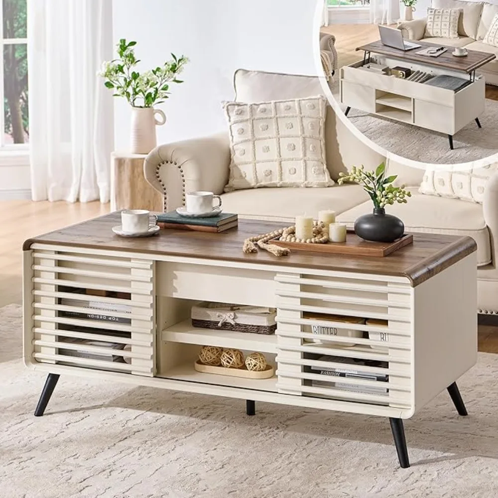 

Lift Top Coffee Table w/Sliding Slatted Door, 48" Mid Century Modern Wood Center Table w/Hidden Storage Compartment