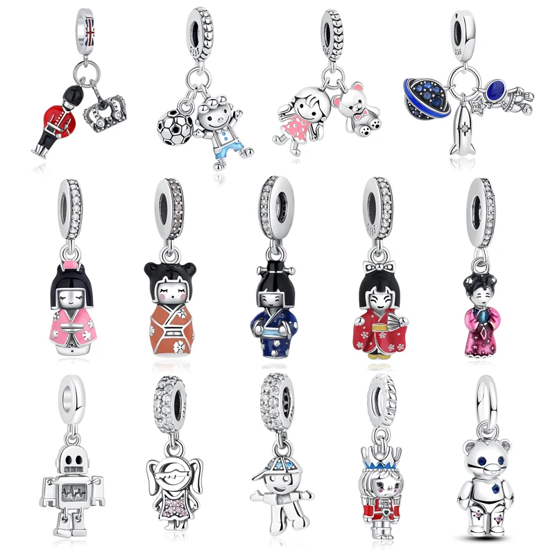 Original Silver Plated Charm Kimono Cartoon Figure Pave CZ Pendant Beads Fit Pandora Bracelets Necklaces Women DIY Jewelry Gift