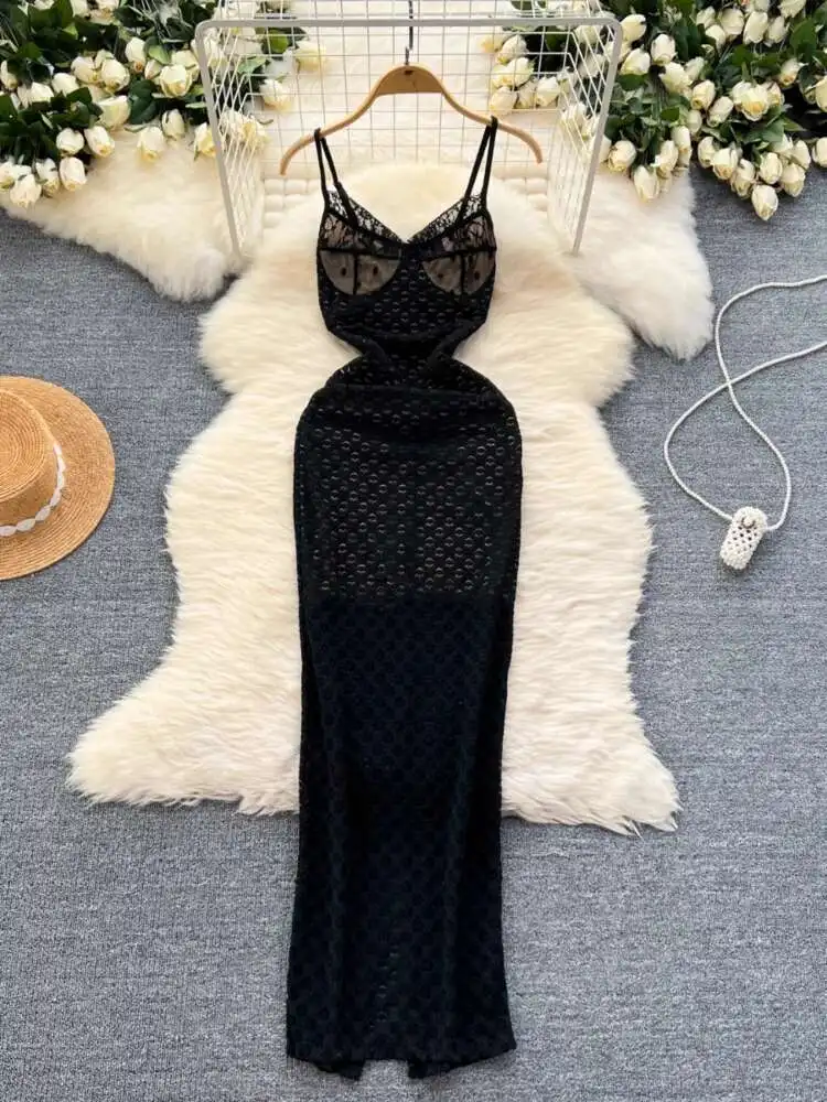 Vestido de fiesta negro Sexy para mujer, Vestidos ajustados de encaje de verano, Vestidos largos de noche de malla con cuello en V sin mangas para mujer