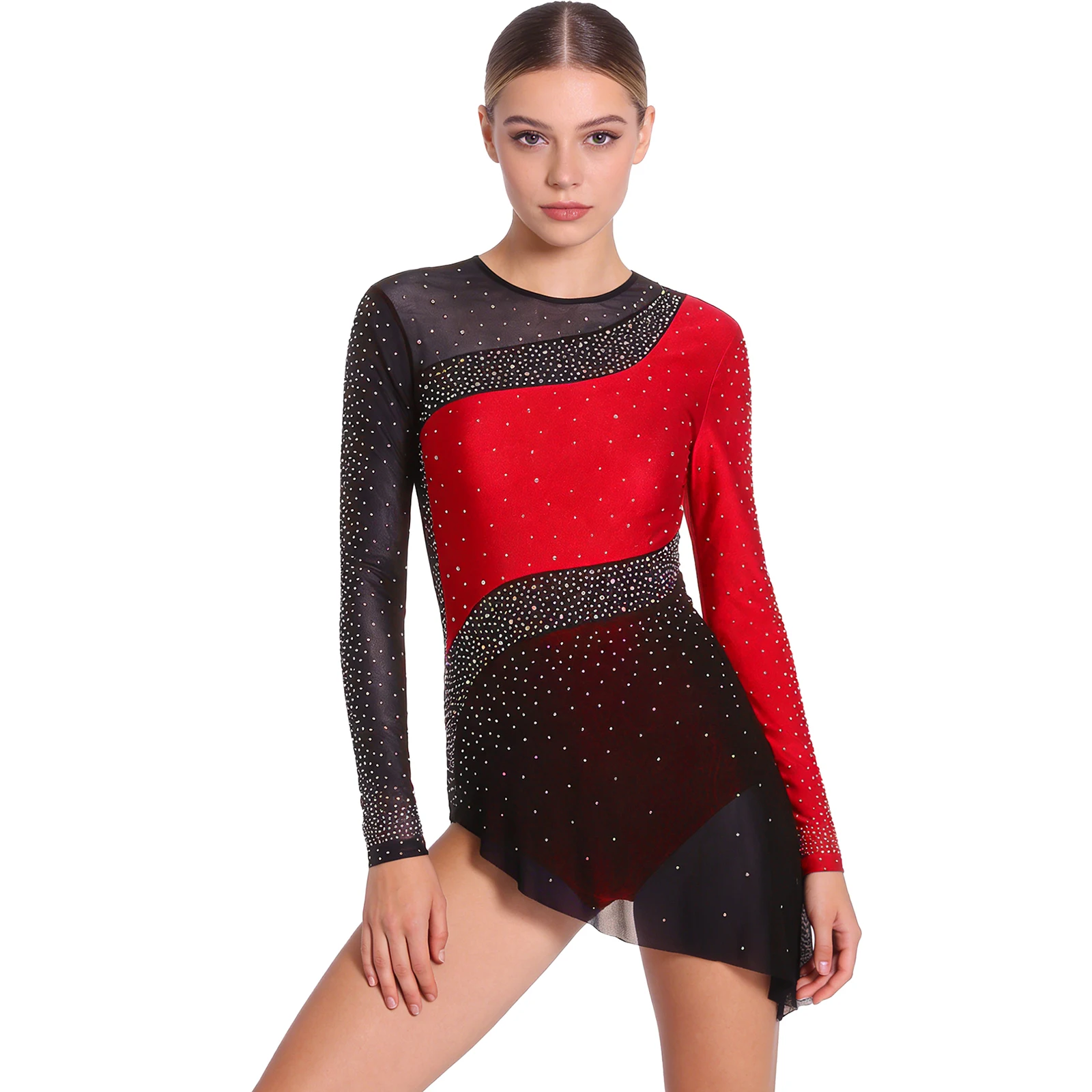 

Женское боди для фигурного катания с блестками, длинными рукавами и асимметричным подолом для латиноамериканских танцев, танго и сценических выступлений