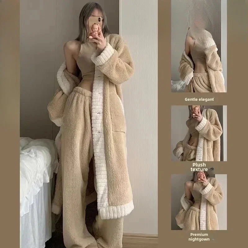

Women's Autumn Winter New Coral Velvet Sleepwear V-neck Thickened Warm Fleece Robe De Maison Luxury Home Suit