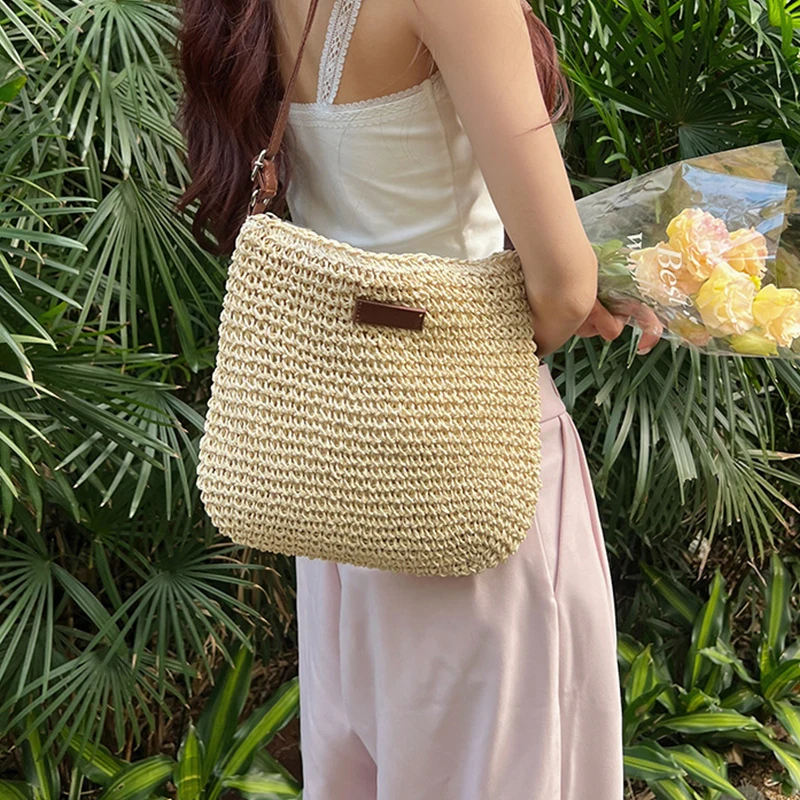 Bohemian Straw Beach Bags For Women High Capacity Handmade Shoulder Bag Casual Woven Totes Bag Shopping Clutch Handbag Purse