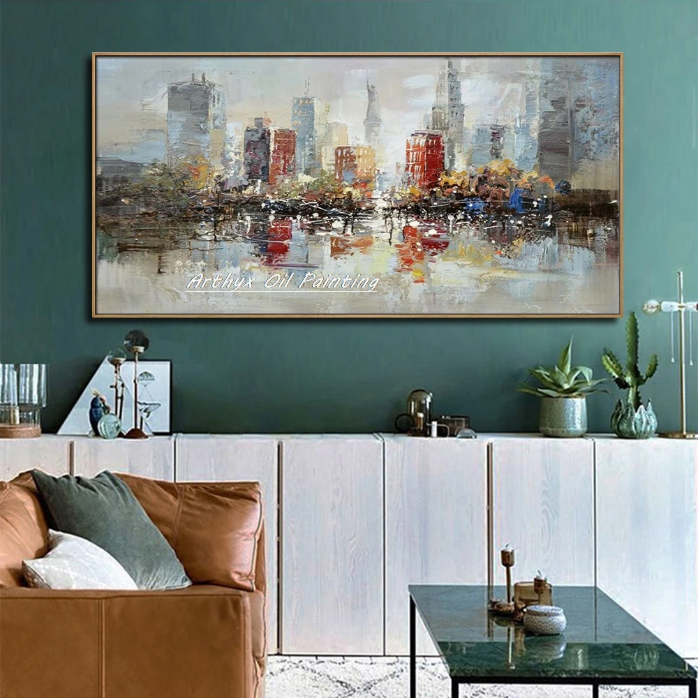 Arthyx,Handpainted City Landscape Oil Paintings on Canvas,Architecture Building Posters,Wall Picture,Living Room Home Decoration