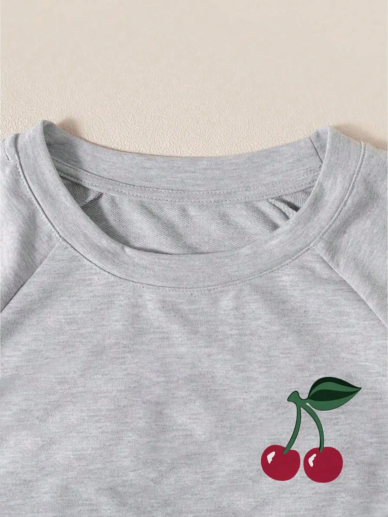 Women's Gray Cherry Print Casual 2-Piece Set with Rolled Sleeves, Summer Lounge Wear