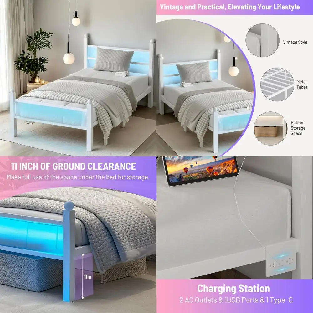 

Double Bed Frame with Headboard and Footboard, Metal Slat Support, LED-Equipped Bed Frame with USB Charging Port, Mattress Suppo