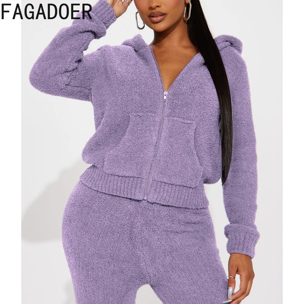 

FAGADOER Autumn Winter Fleece Hoody Two Piece Sets Women Zipper Long Sleeve Coat And Jogger Pants Outfits Female 2pcs Tracksuits