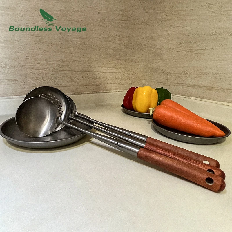 

Boundless Voyage Titanium Wok Soup Ladle Strainer Spoon with Wood Handle Food Spatula Cooking Utensils for Home Outdoor Kitchen