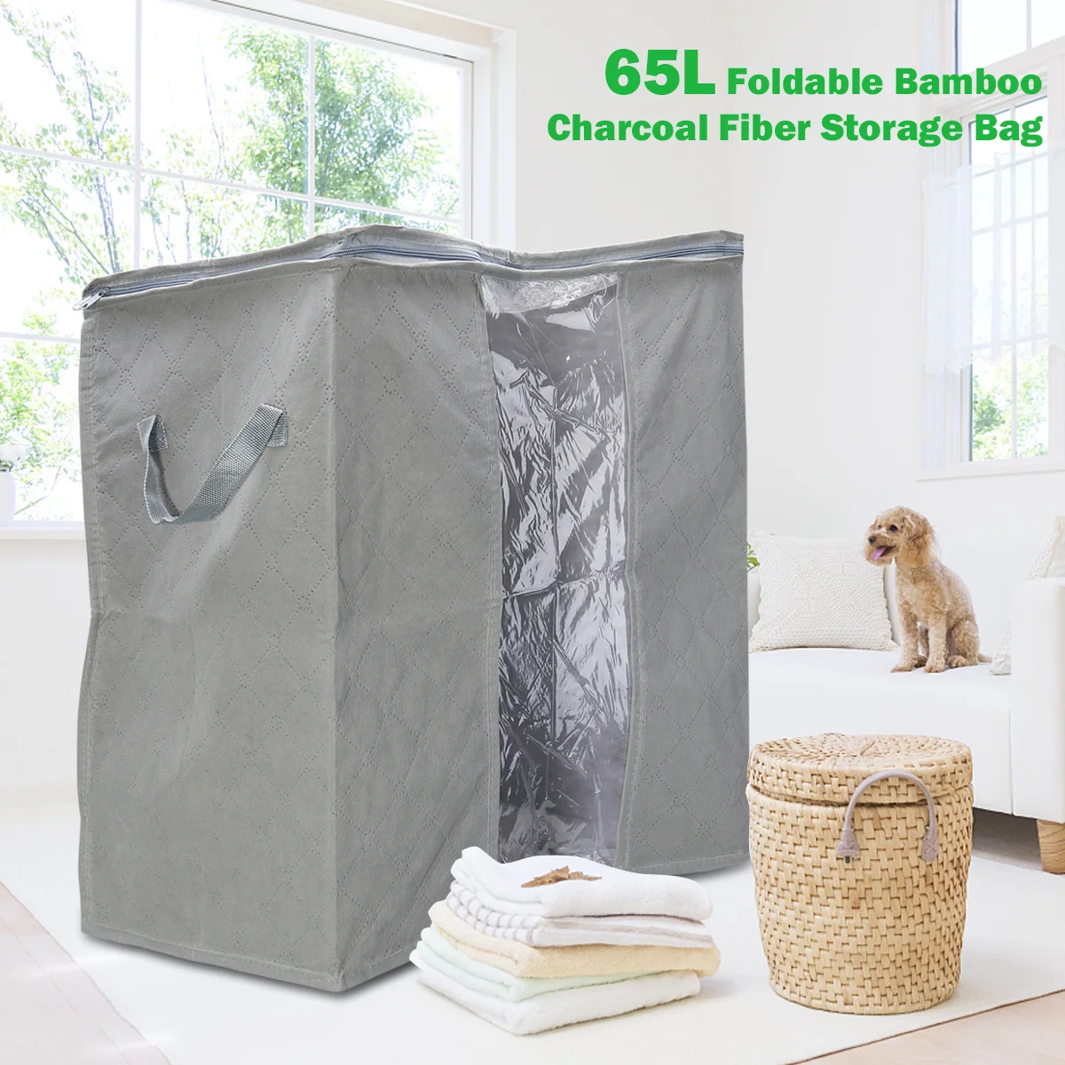 

65L Grey 3-Layer Foldable Bamboo Charcoal Fiber Clothes Blanket Storage Bag Organizer Box Tidy Space Saving Organizer Box