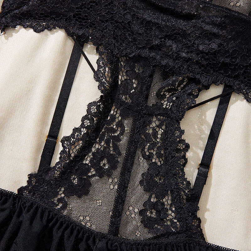 Sexy Lingerie Women\'s Deep V Backless Bodysuit Sex Transparent Lace Crotchless Underwear Babydolls Porno Dress Erotic Costumes