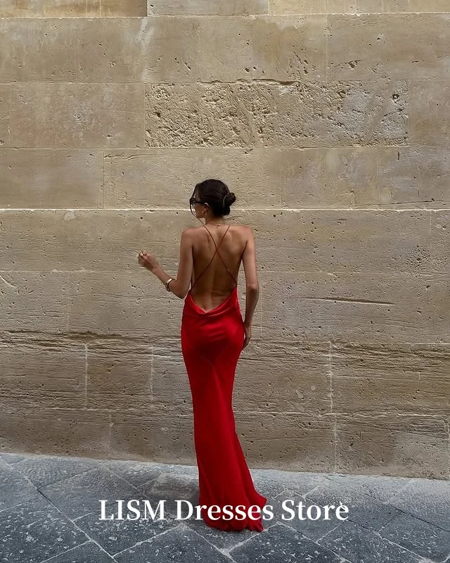 LISM Sexy Rode Zeemeermin Backless Avondjurken V-hals Zijde Satijn Lange Elegante Prom Jurken Aangepast Voor Party robe de soirée