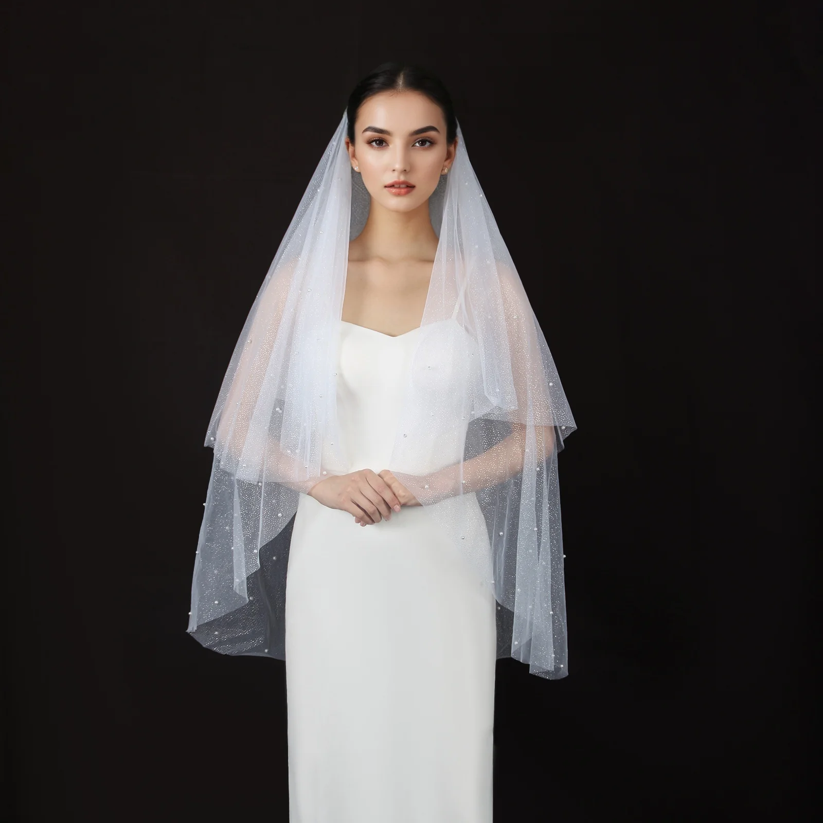 

Двухслойная фата из тюля с блестками и жемчужной вышивкой, разной длины, романтичная роскошная свадебная фата для церемонии в церкви G91