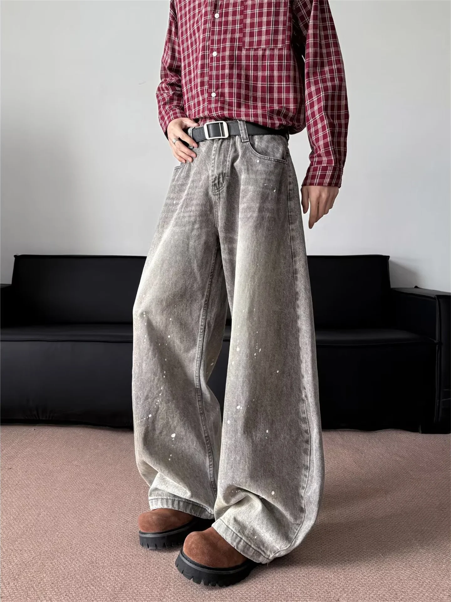 

Мужские джинсы American High Street с широкими штанинами, модные, винтажные, с эффектом потертости и брызгами краски, свободного кроя, длинные, повседневные