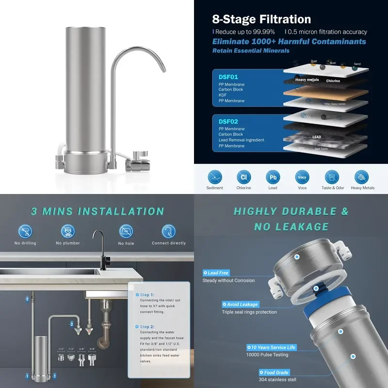 Single Stage Stainless Steel Counter Top Water Filter System With 0.5 Micron Carbon