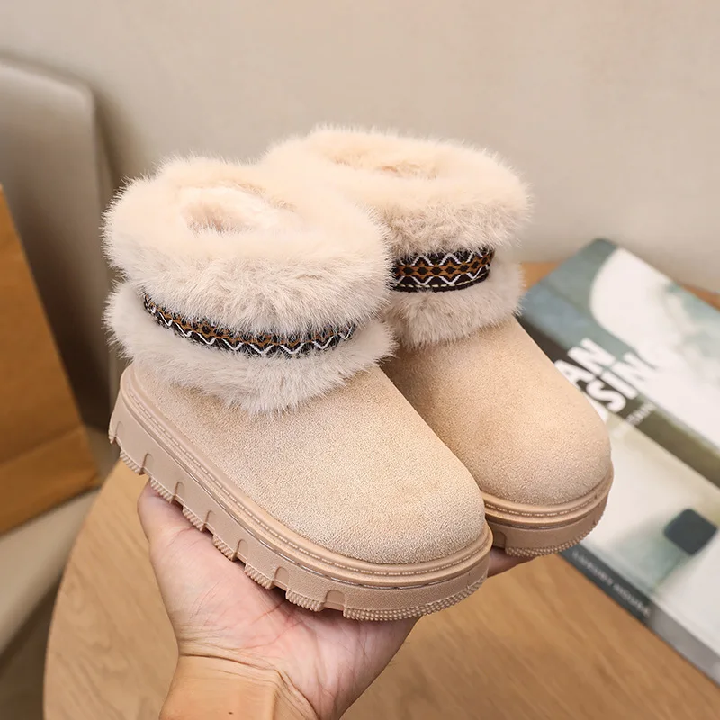 รองเท้าบูทเด็กสำหรับฤดูหนาว หนัง PU สวมใส่ง่าย รองเท้าบูทสั้นสำหรับเด็กเล็ก บุขนเทียม อุ่น กันลื่น รองเท้าข้อสั้นสำหรับเด็กผู้หญิง