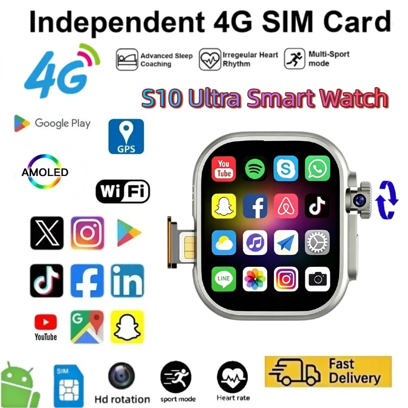 New 4G smartwatch S10 Ultra  add strap with 180 ° rotary camera GPS WiFi SIM card slot health monitoring Smart Watch Men Women