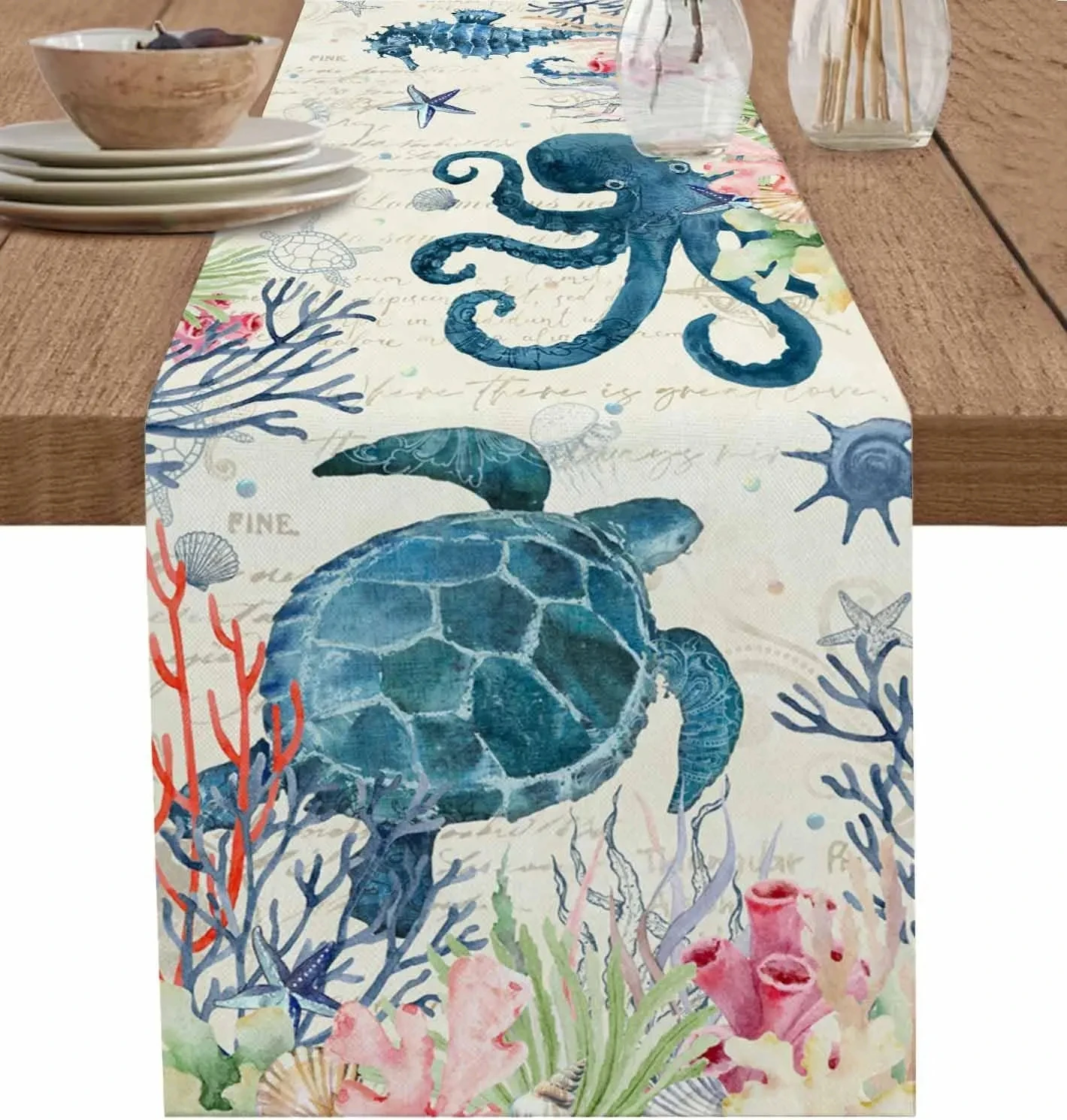 

Sea Turtle Octopus Linen Table Runners Nautical Coral Beach Summer Marine Life Table Runners Kitchen Dining Table Party Decor