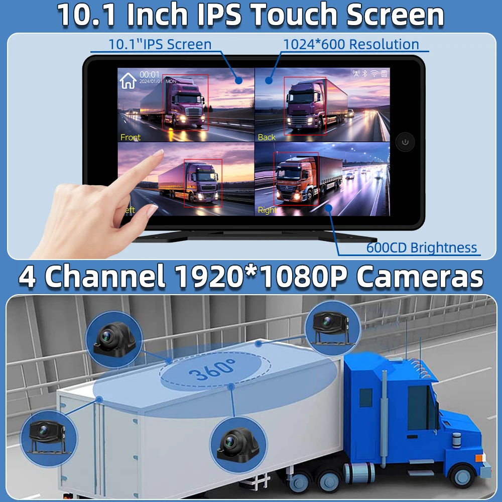 4CH 10.1'' Touch Screen AHD Monitor System 1080P Vehicle Camera AI BSD Wifi App Control Carplay Reversing Parking Recorder