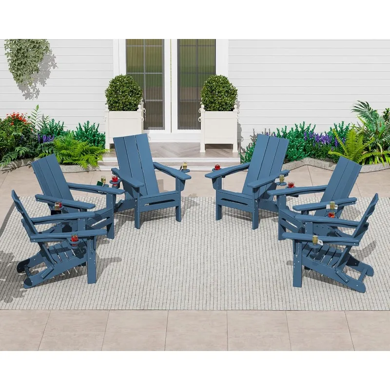 

Modern Folding Adirondack Chair Set of 6, Weather Resistant Outdoor Adirondack Chair with Cup Holders, HDPE Fire Pi