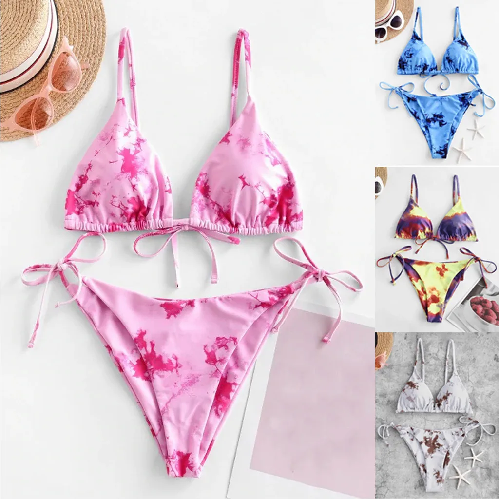 Bañador de dos piezas con estampado de encaje para mujer, traje de baño Sexy con estampado Tie-Dye para la playa, Tankini con estampado sólido