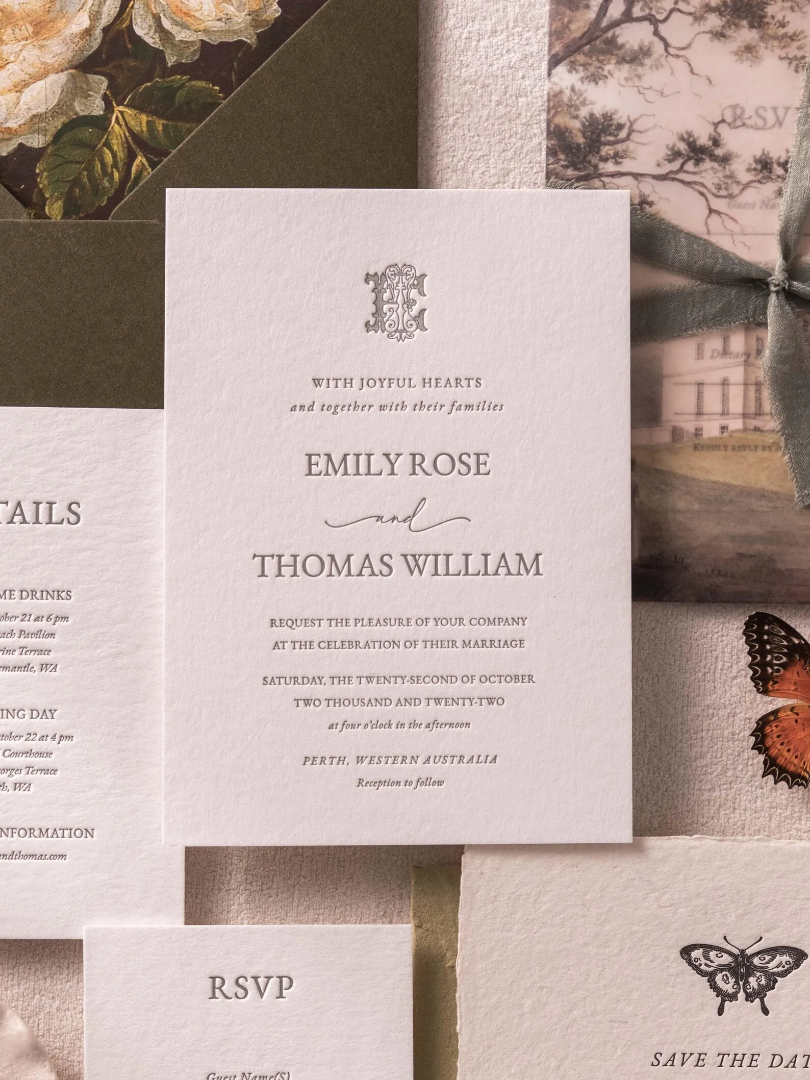 50pcs Personalized Wedding Invitations,Embossed Wedding Cards,600gsm Handmade Paper,Letterpress Embossing Floral Design