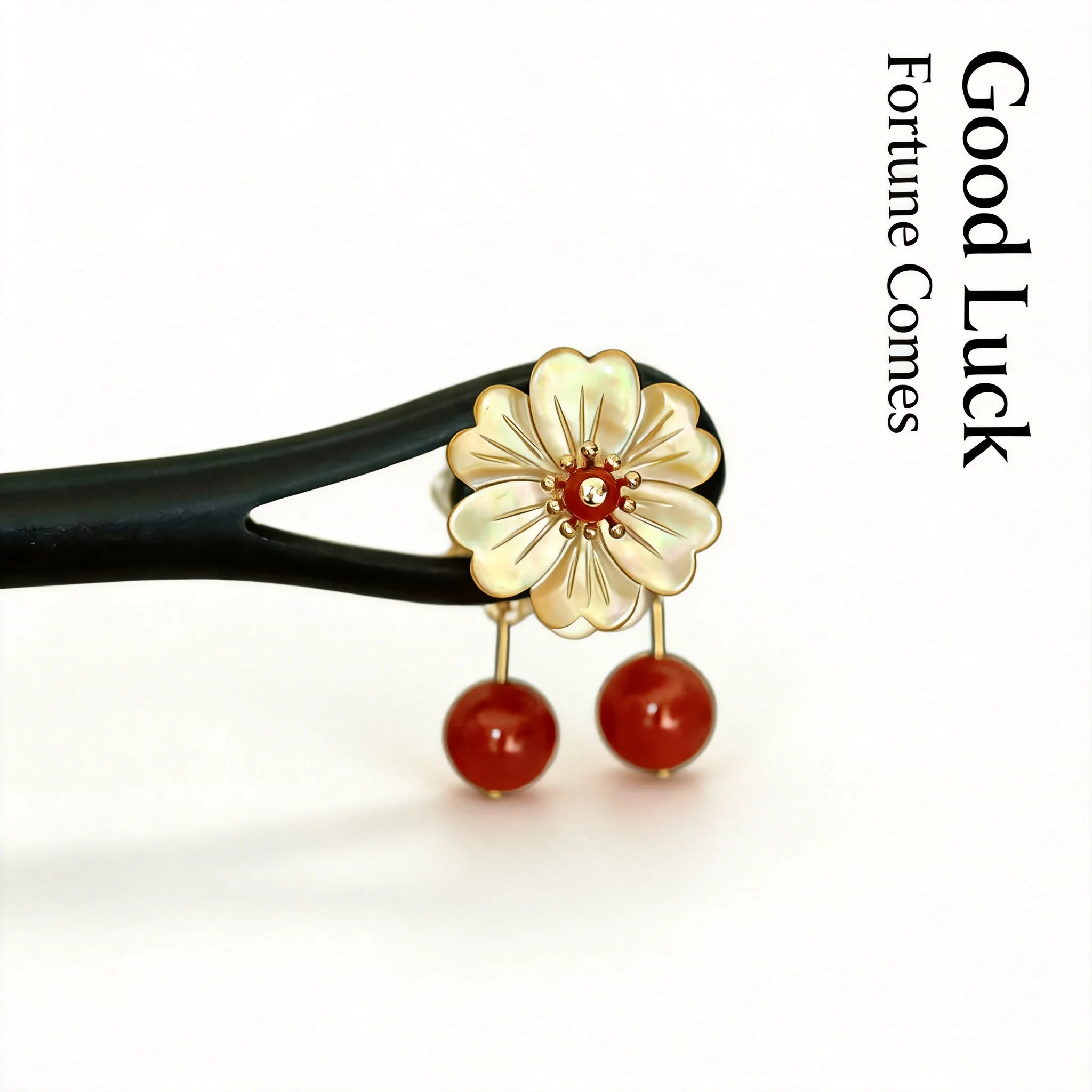 Traditional Chinese Hanfu Ebony Hair Stick Yellow Shell Flower Red Agate Pendant Hair Accessory For Daily Bun New Year Party Mul
