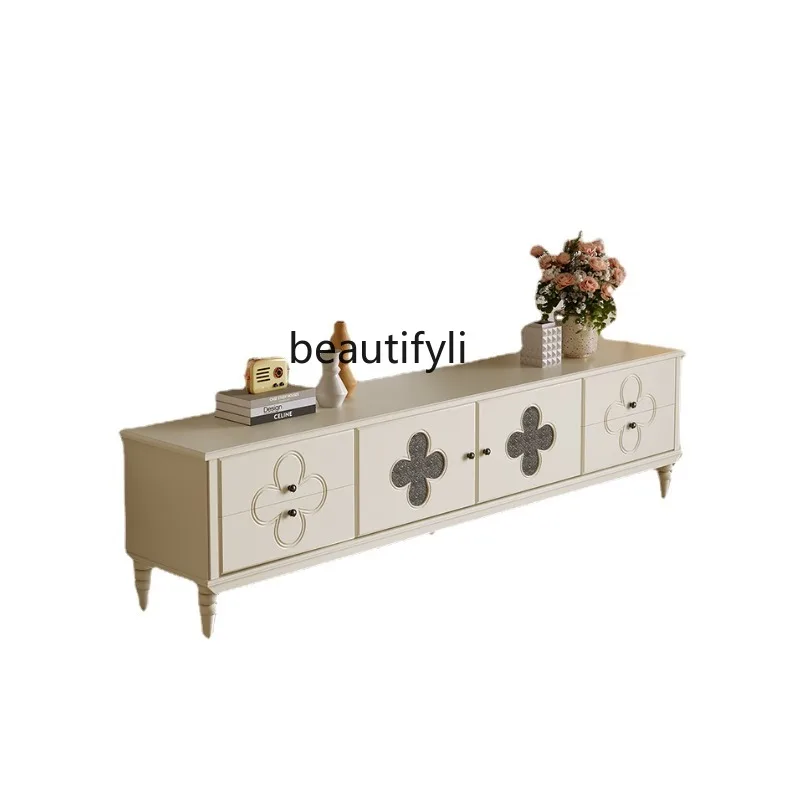 

New Cream White French Style Solid Wood Clover Coffee Table TV Cabinet Combination Small Apartment Living Room Storage