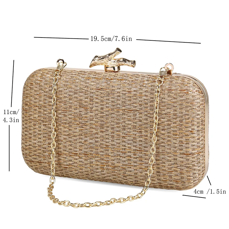 Fashion Straw Pattern Evening Handbag Lady Gold Metal Clutch Bag Shoulder Purse Party Wedding Summer Beach Bag Wicker Clutch Sac