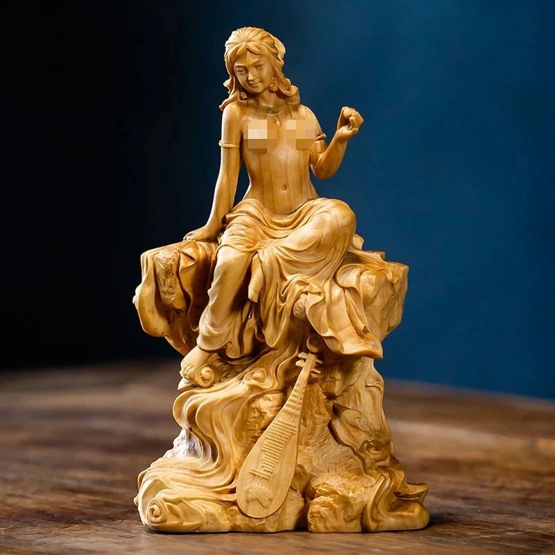 

12.5 CM Tall Beauty Fairy Figure Boxwood Sculpture Feng Shui Wood Carving Beautiful Lady Girl Statue Collection Ornaments