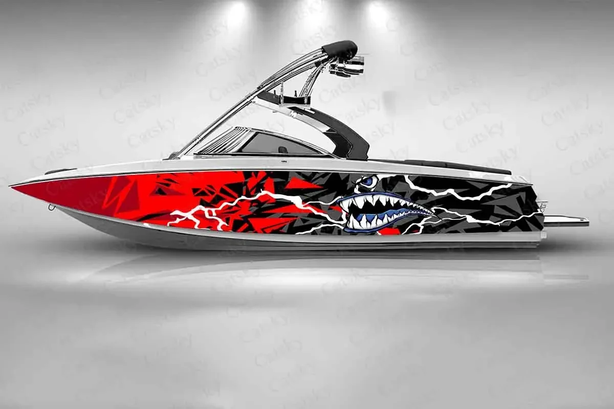 Abstract Lines Design Shark Teeth Graphic Boat Fashion Sticker Packaging Fish Vessels Waterproof Custom Sticker Wrap Vinyl Decal