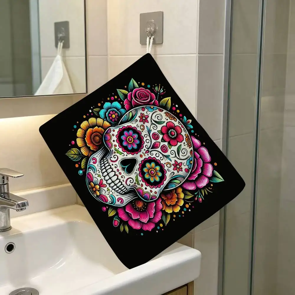Halloween Sugar Skull Polyester Cotton Hanging Kitchen Towel Skin Friendly Hand Wiping Towel For Hotel Cafe Household