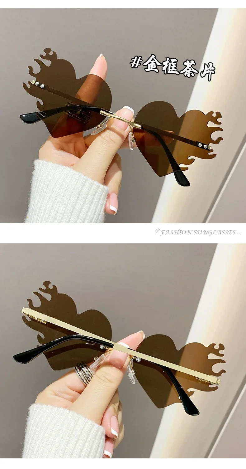 Neue Randlose Herz-Sonnenbrille mit Metallrahmen für Damen und Herren, Flammen-Sonnenbrillen für Frauen und Männer, Party- und Reisebrillen – Detail 14