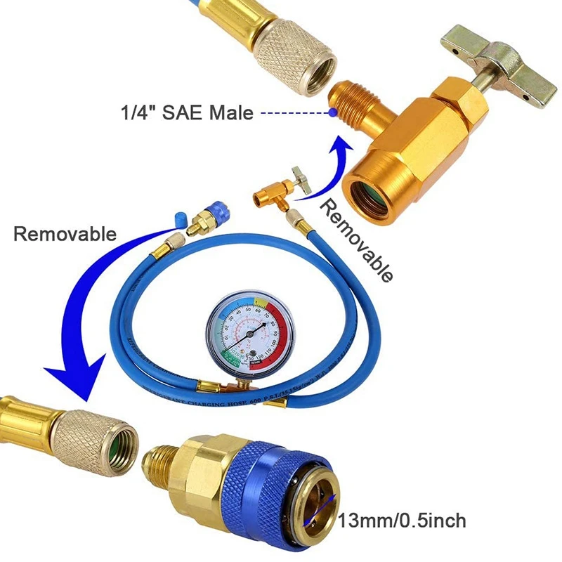 Manguera de carga R134A para refrigerador, con indicador de aire acondicionado, refrigerante R134A, puede tocar el puerto de R-12/R-22