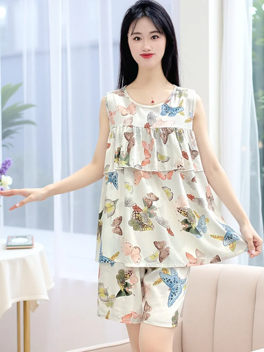 

Women's Cotton Silk Svel Nightgown Summer 2025 New Sle Inteated Anti-Bue Home Wear Set No Chest Pad ort Pants