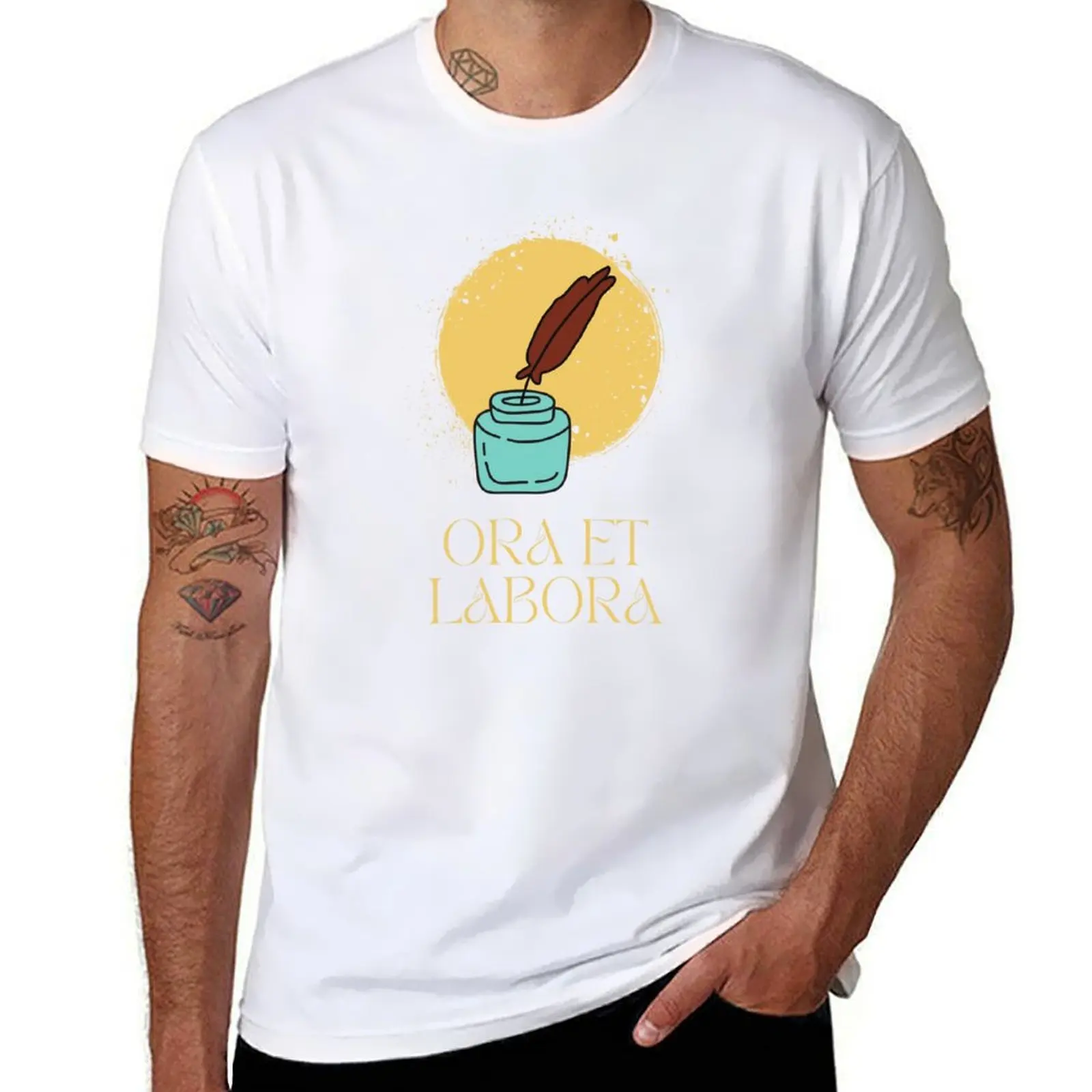 

Catholic Rule of St. Benedict Ora et Labora Latin for Pray and Work T-Shirt t shirts for man cotton T-Shirt