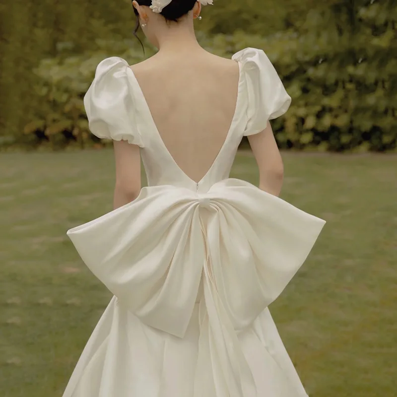 

Новое атласное свадебное платье Ele 2026 с узлом и шлейфом для церемоний на открытом воздухе в корейском стиле