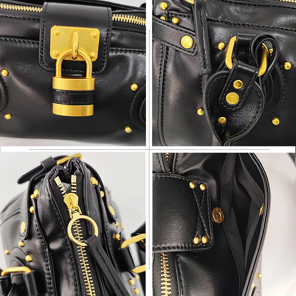 Vintage Y2K Lock Top Handle Bag für Damen, PU-Leder-Handtasche, Retro-Nieten-Unterarmtasche, Motorradtasche, Umhängetasche – Detail 6