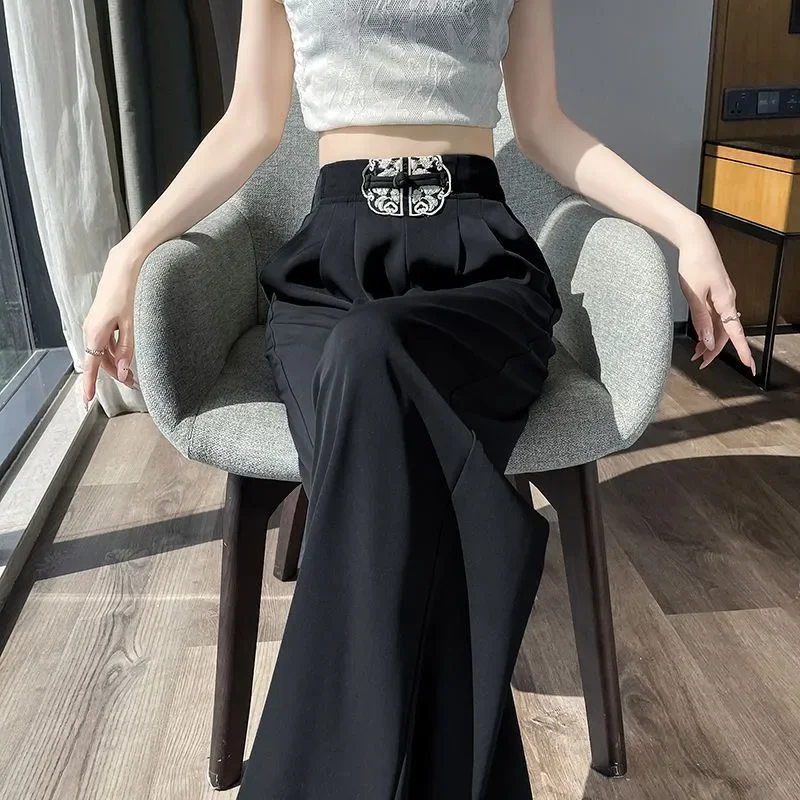 Chinese National Wide Leg Pants Women's 2025 Spring Summer New Suit Casual Pants Chic Embroidery High Waist Straight Long Pants