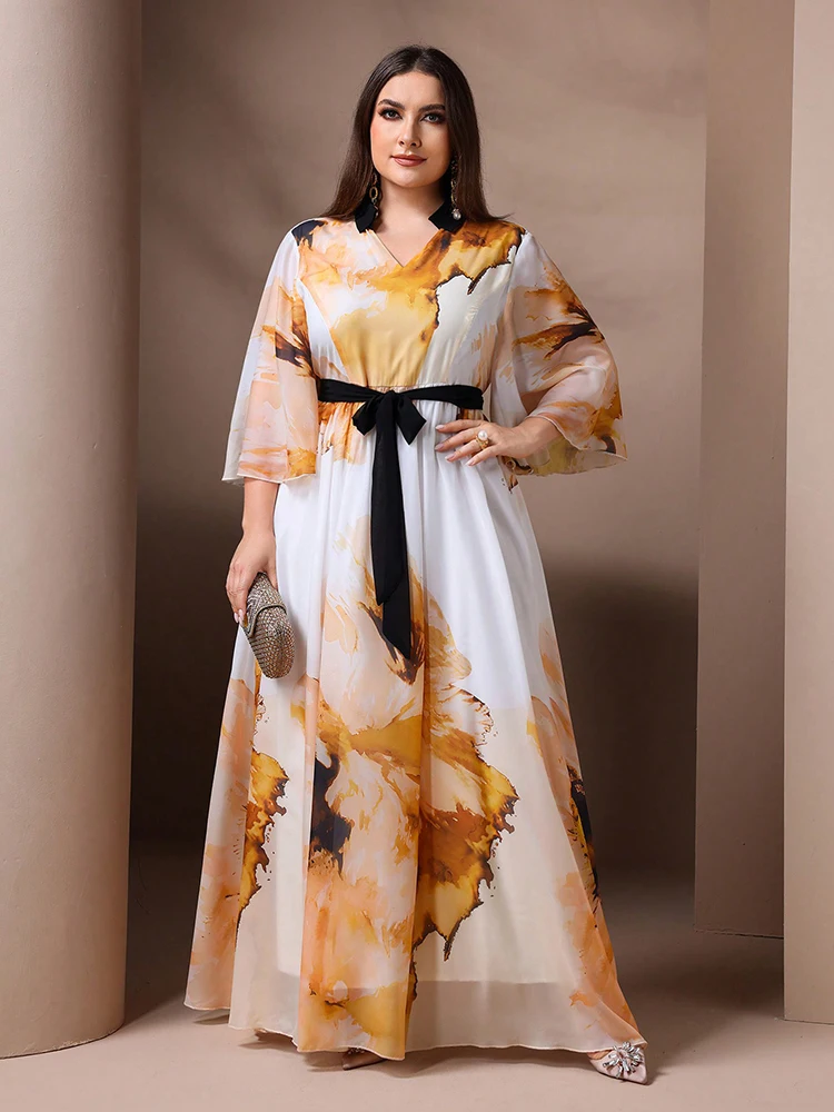 

TOLEEN Spring/Summer Casual Ruffled Sleeve Belted Holiday Long Dresses 2024 New Women's Plus Size Elegant Floral Printed Dress