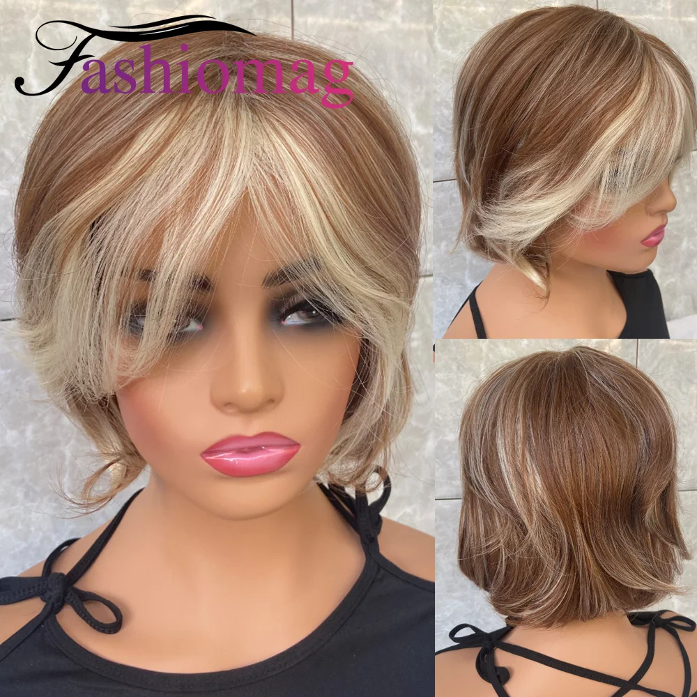 

Fashion Short Straight Highlight Blonde Mix Brown Human Hair Blend Heat Ok Synthetic Hair Wigs Women Natural Daily Use