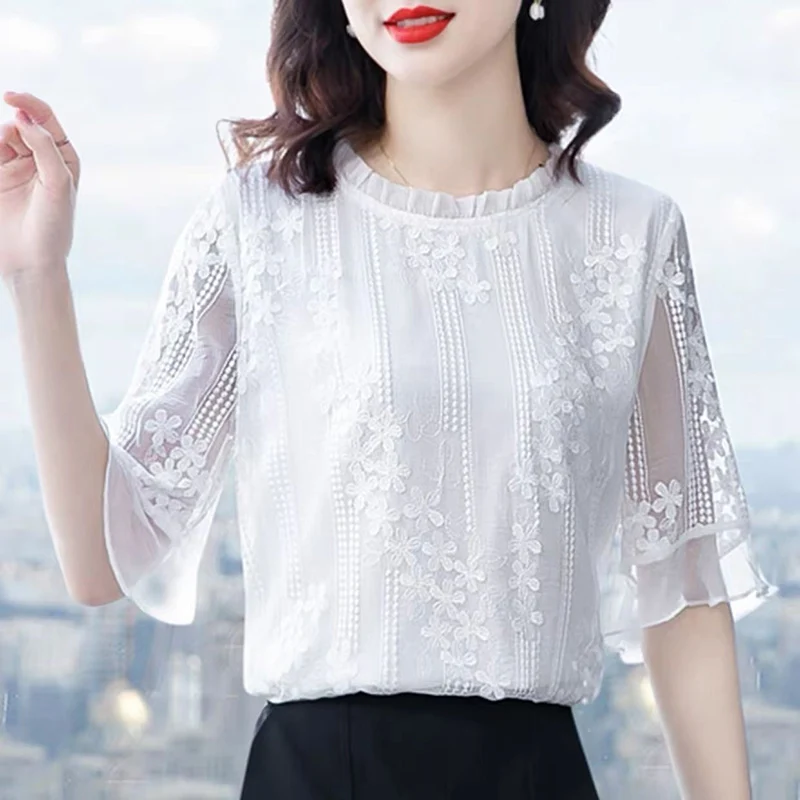 

Elegant O-Neck Ruffled Embroidery Butterfly Sleeve Blouses Women Clothing 2024 Summer New Loose Casual Tops Office Lady Shirts