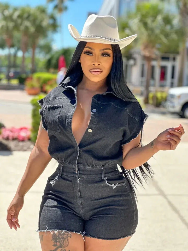 

Black Stretch Jeans Cargo Playsuit Sexy Women Turn Down Collar Bodycon Denim Club Romper Overalls