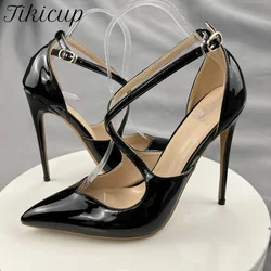 Tikicup Glossy Black Cross Strap Women Pointy Toe High Heel Shoes Front V Cut Stiletto Pumps for Party Colors Customize