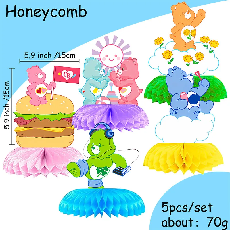 5pcs Care Bears Honeycomb Themed Desktop Decorations Supplies Children Gifts for Baby Shower Birthday Party Celebration Set