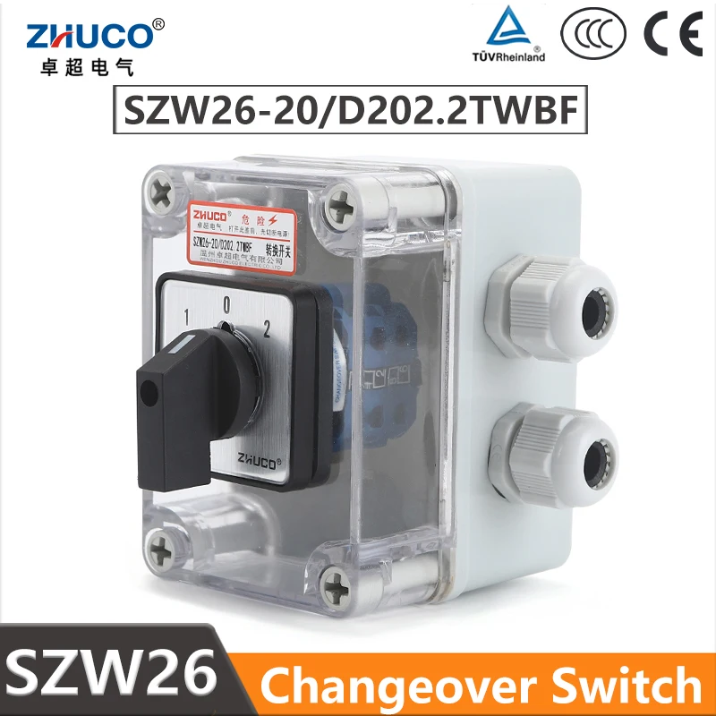 

ZHUCO SZW26/LW26-20 D202.2 20A 2 Pole 8 Screws Rotary Universal Cam Changeover Switch With Waterproof And Dustproof Sealed Box
