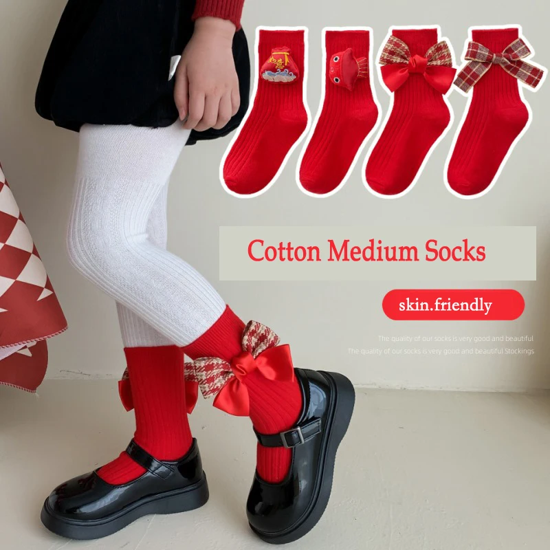 Cute Baby Girls Knee High Socks Kids Cotton Red Big Bow Red Christmas Sock Solid Woolen Leg Warmers Girl Toddler Soft Socks