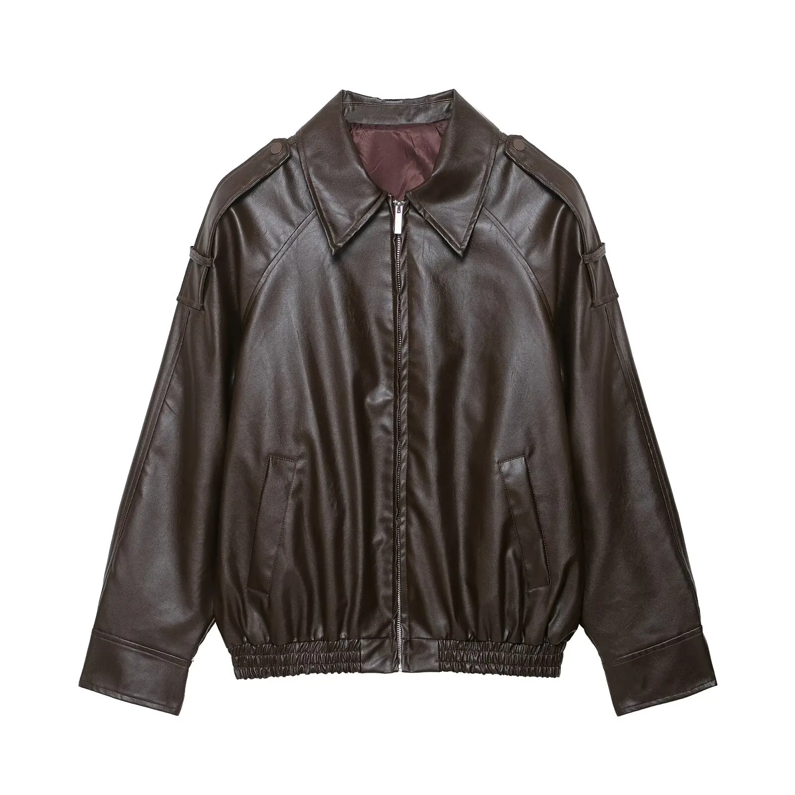 

Vintage Brown Autumn Women Leather Coat Lapel Collar Zipper Pleated Female Motorcycle Jacket Spliced Versatile Outwear For Lady