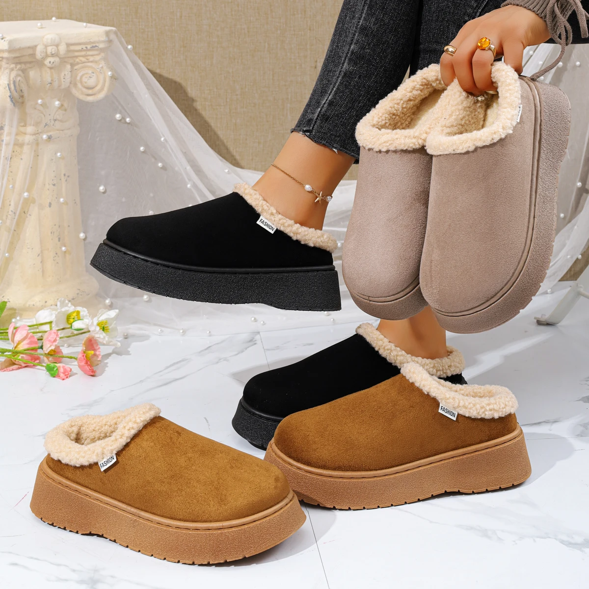 

Winter Women Ankle Boots 2025 New Non Slip Plush Snow Boots Women Outdoor Warm Flat Cotton Shoes Women Furry Platform Slippers