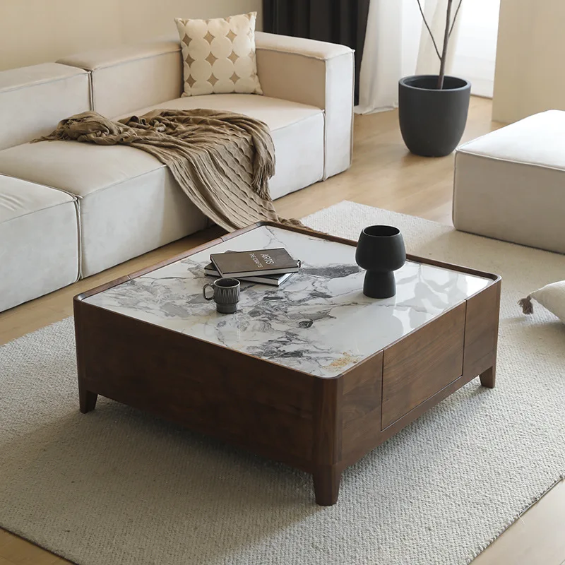 

Итальянский светлый роскошный североамериканский журнальный столик из каменной плиты из черного ореха, квадратный чайный столик для гостиной