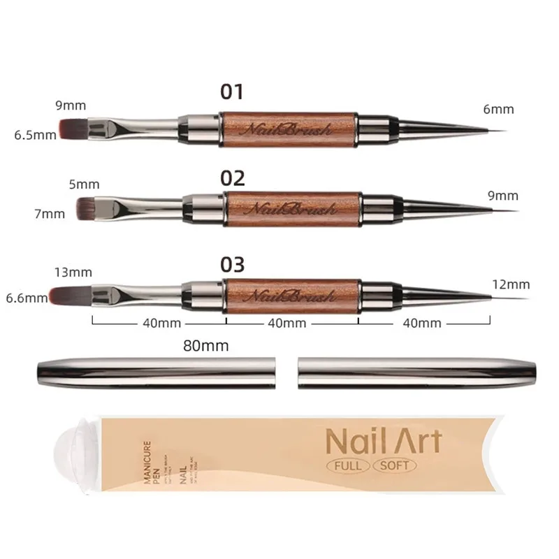 1/3PCS 더블 헤드 샌들우드 핸들 네일 브러쉬 라이너 브러쉬 페인팅 펜 젤 브러쉬 크리스탈 네일 아트 매니큐어